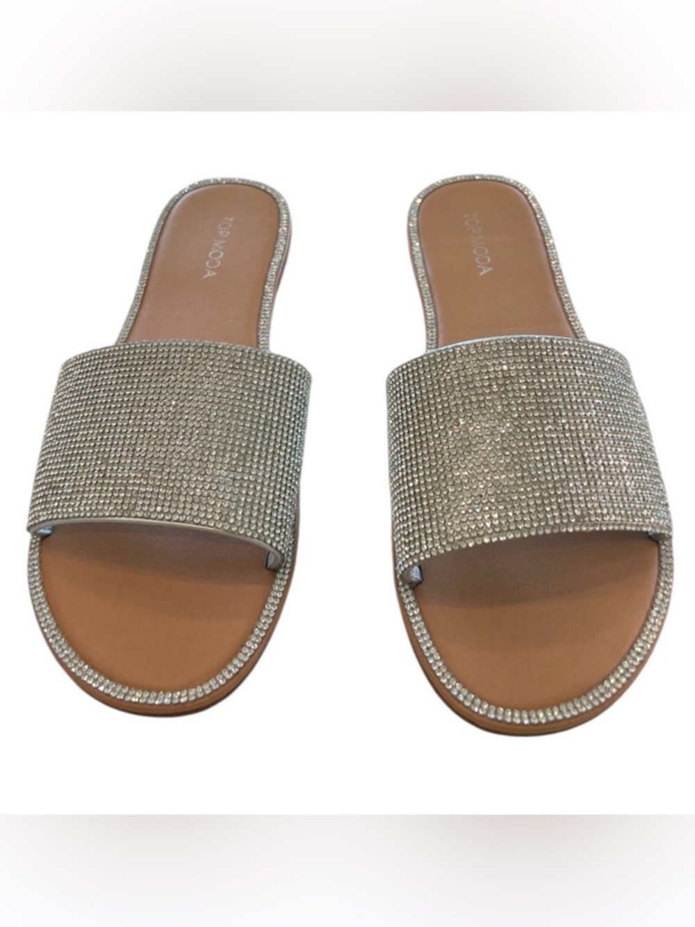 TOP Moda Crystal Embellished Slide Sandals in Silver-Tan       Like New